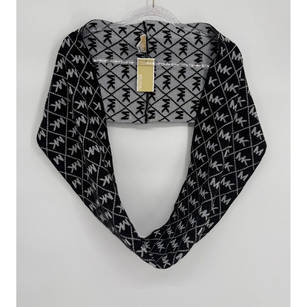 Michael Kors Womens Black Silver Metallic MK Logo Infinity Scarf Sz OS NEW